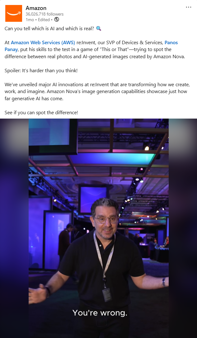 A LinkedIn post from Amazon featuring Senior Vice President of Devices & Services Panos Panay trying to identify AI-generated vs human-generated content.