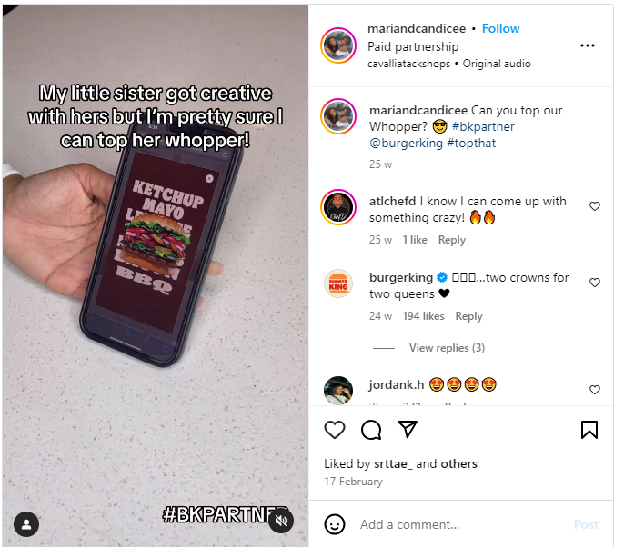 Burger King’s Million Dollar Whopper influencer campaign on Instagram.