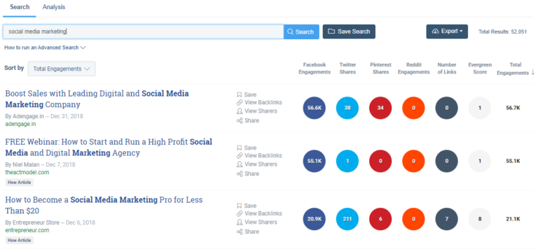 BuzzSumo’s results for “social media marketing” show popular posts with engagement statistics