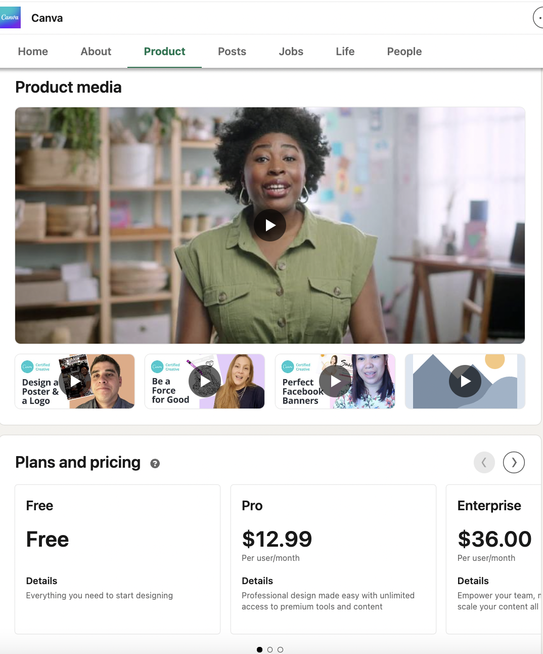 "product" tab of the canva linkedin page showing a video of a black woman on top of the product's plans and pricing cards