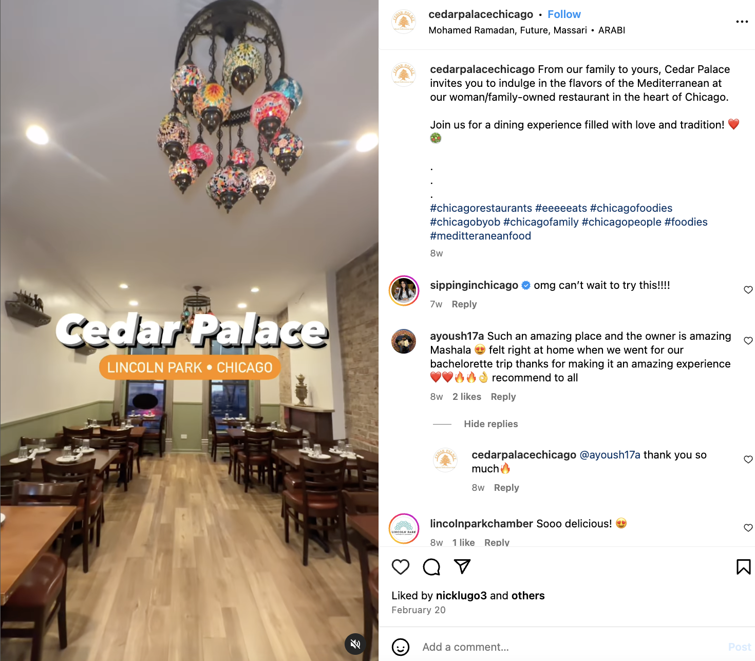 Cedar Palace Instagram Reel featuring the establishment with the comments section showing the restaurant responding to comments