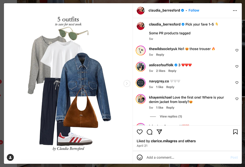 UK fashion blogger Claudia Berresford (@claudia_berresford) outfit idea post