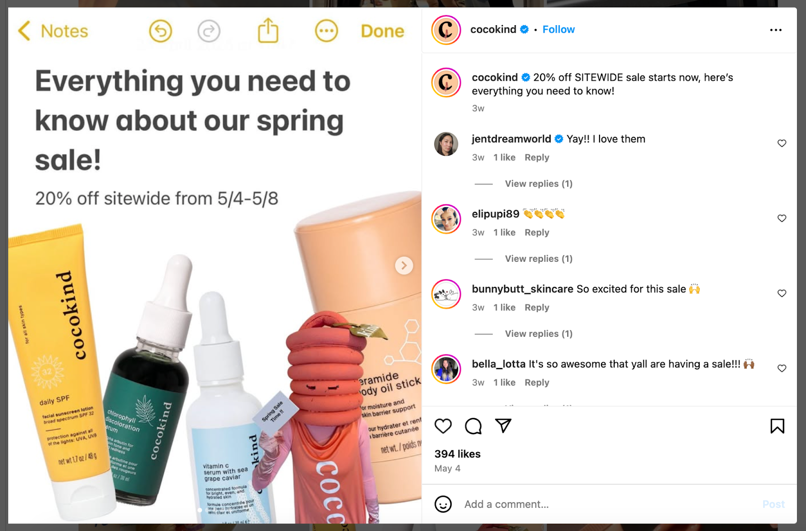 An Instagram post from Cocokind about their spring sale
