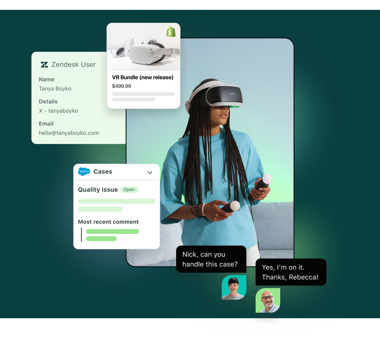 Interfaz de usuario de Sprout Social con las integraciones en Zendesk y Salesforce para resolver rápidamente los casos de los clientes destacadas​​ 