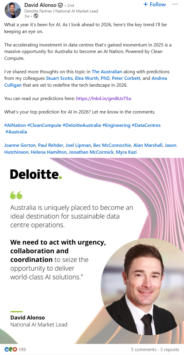 An employee advocacy LinkedIn post from Deloitte’s National AI Market Lead.
