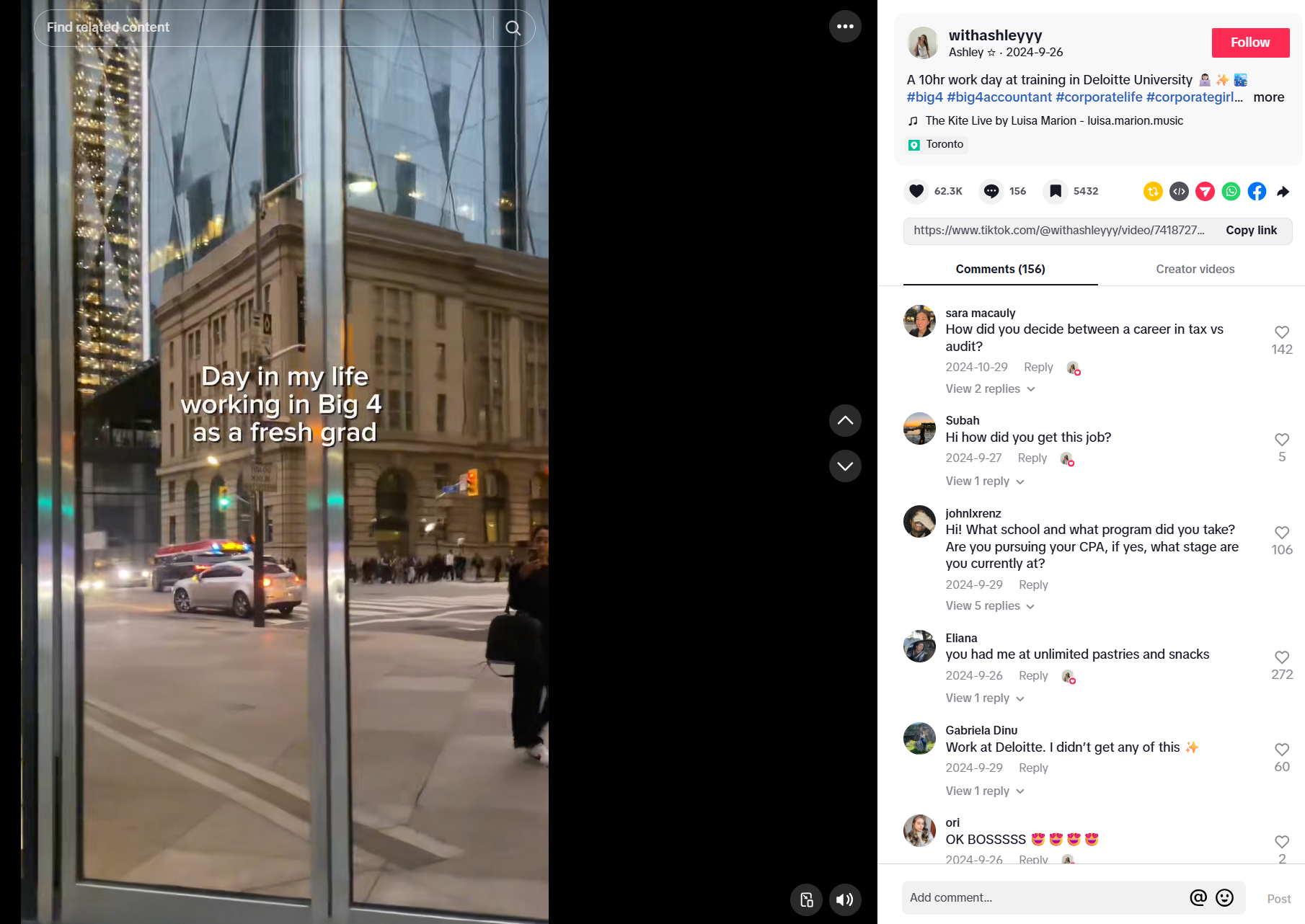 An employee advocacy TikTok post from a new graduate working at Deloitte.