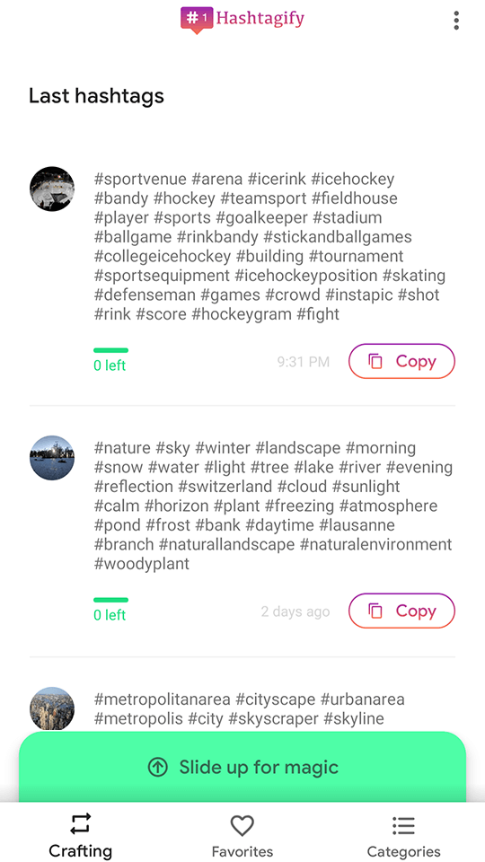 Hashtagify’s demo screen shows the last hashtags for analysis.