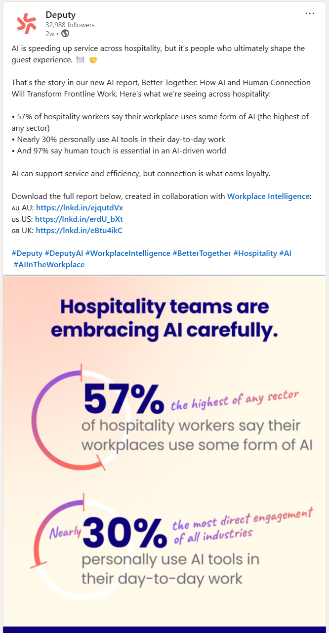 A LinkedIn carousel post from Deputy, showcasing statistics from a recent report.