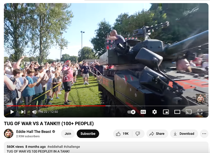 UK fitness influencer Eddie Hall (@eddiehallwsm)’s YouTube video about 100 people trying to pull a tank