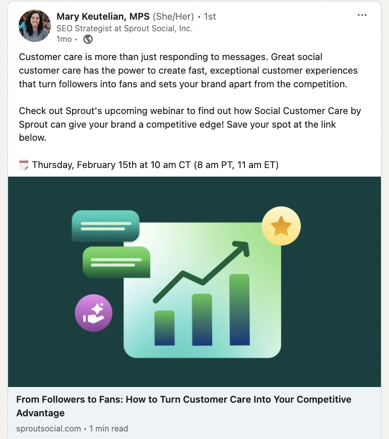 LinkedIn post from Sprout Social employee promoting an upcoming webinar