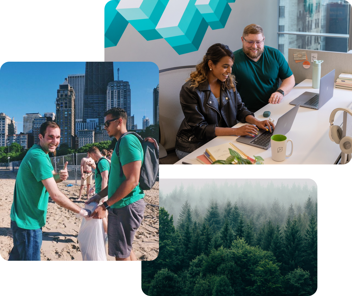 Diversos grupos de empleados de Sprout sonríen en el trabajo y levantan el pulgar mientras limpian la basura en su comunidad.​​ 