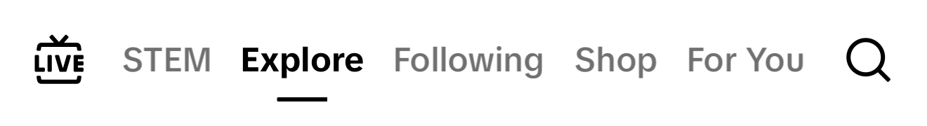 ikTok’s menu shows the “Explore” and “Shop” options, which are helpful places to conduct keyword research.