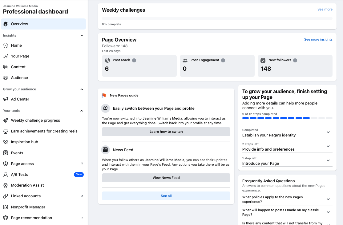 The Facebook professional dashboard interface showcasing the page overview which highlights follower count, post reach and engagement. The left sidebar shows navigation options for Insights, Your Page, Content and Audience tabs.
