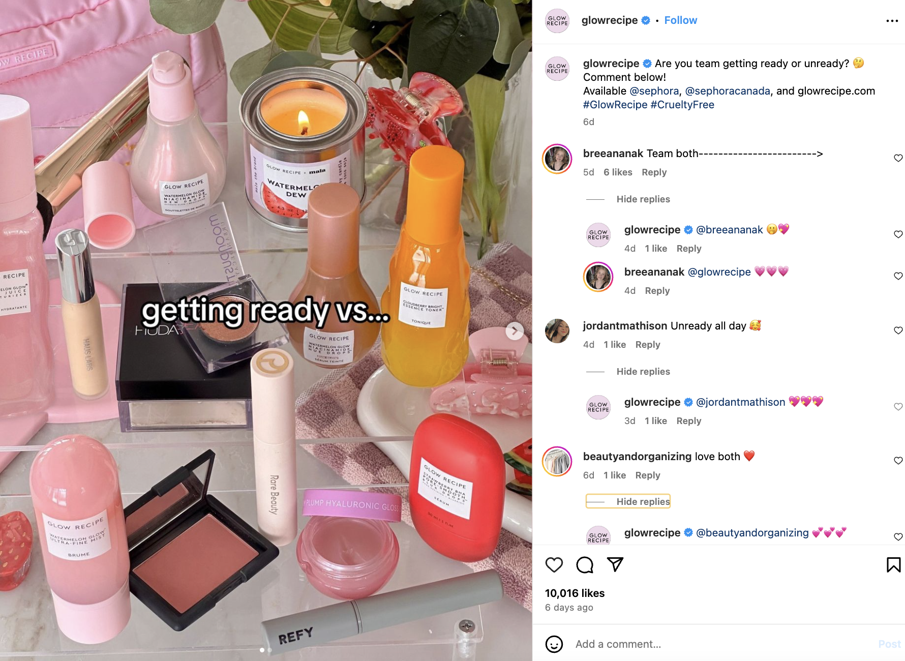 Glow Recipe Instagram post featuring various brand products and a comments section where the brand responds to every comment