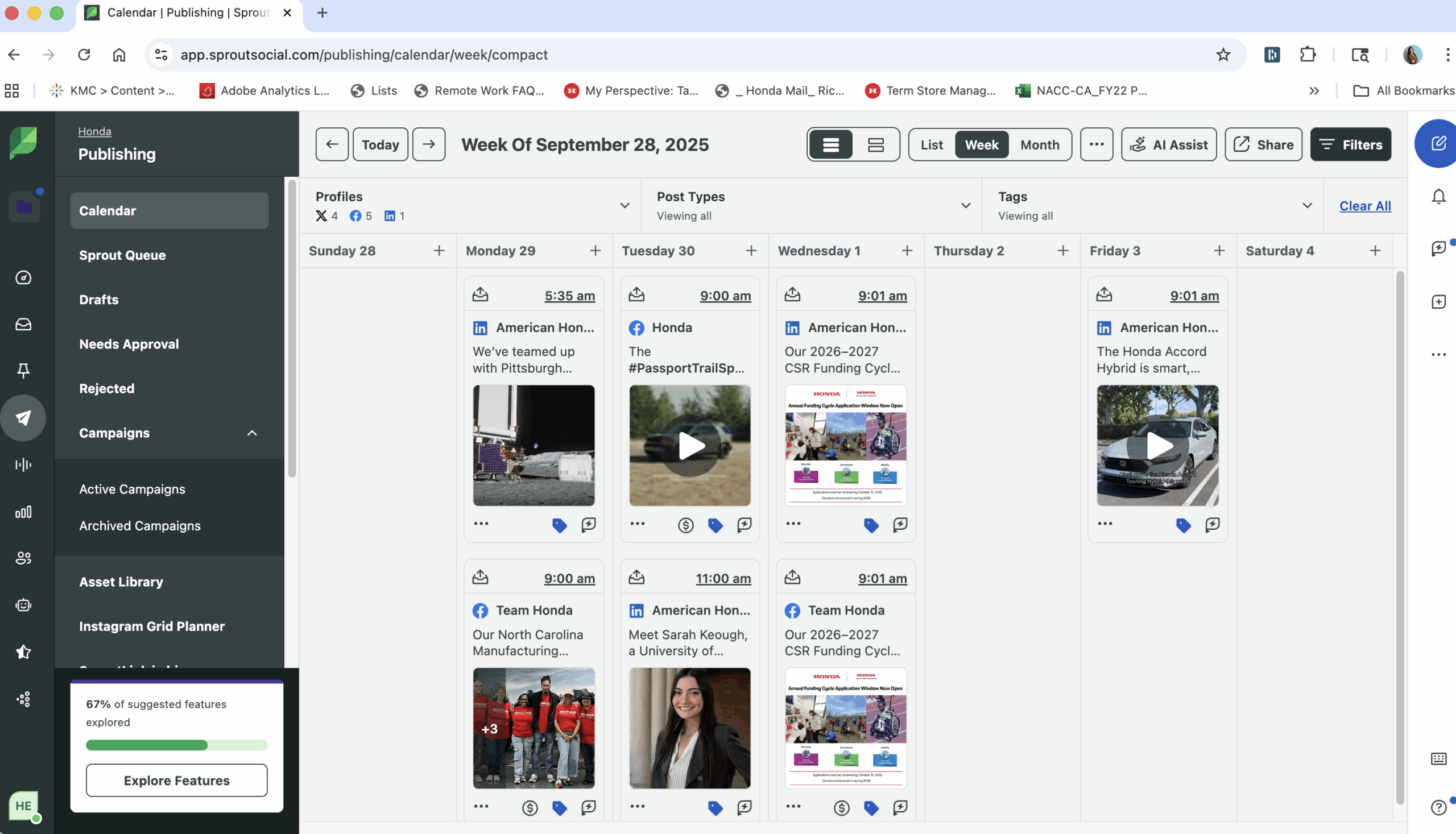 Honda's Publishing calendar highlighting posts across various social channels