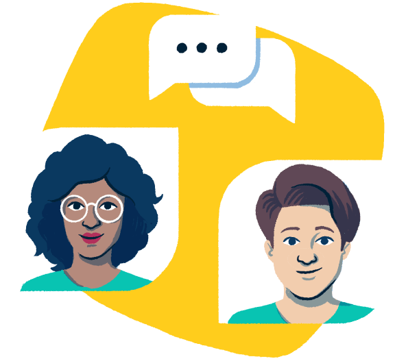hombre y mujer con burbuja de chat arriba