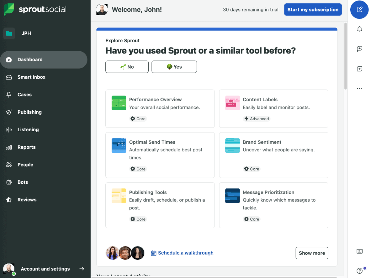 Sprout Social's welcome screen featuring menu items like Dashboard, Smart Inbox and Reports