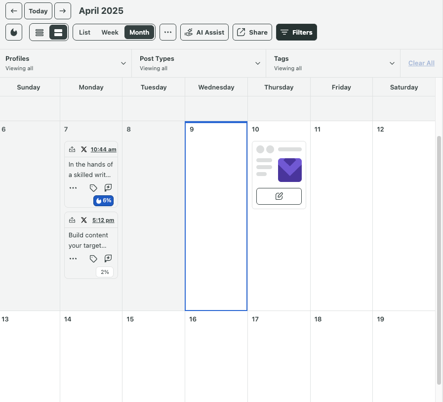 A monthly calendar view of social network tasks for April 2025