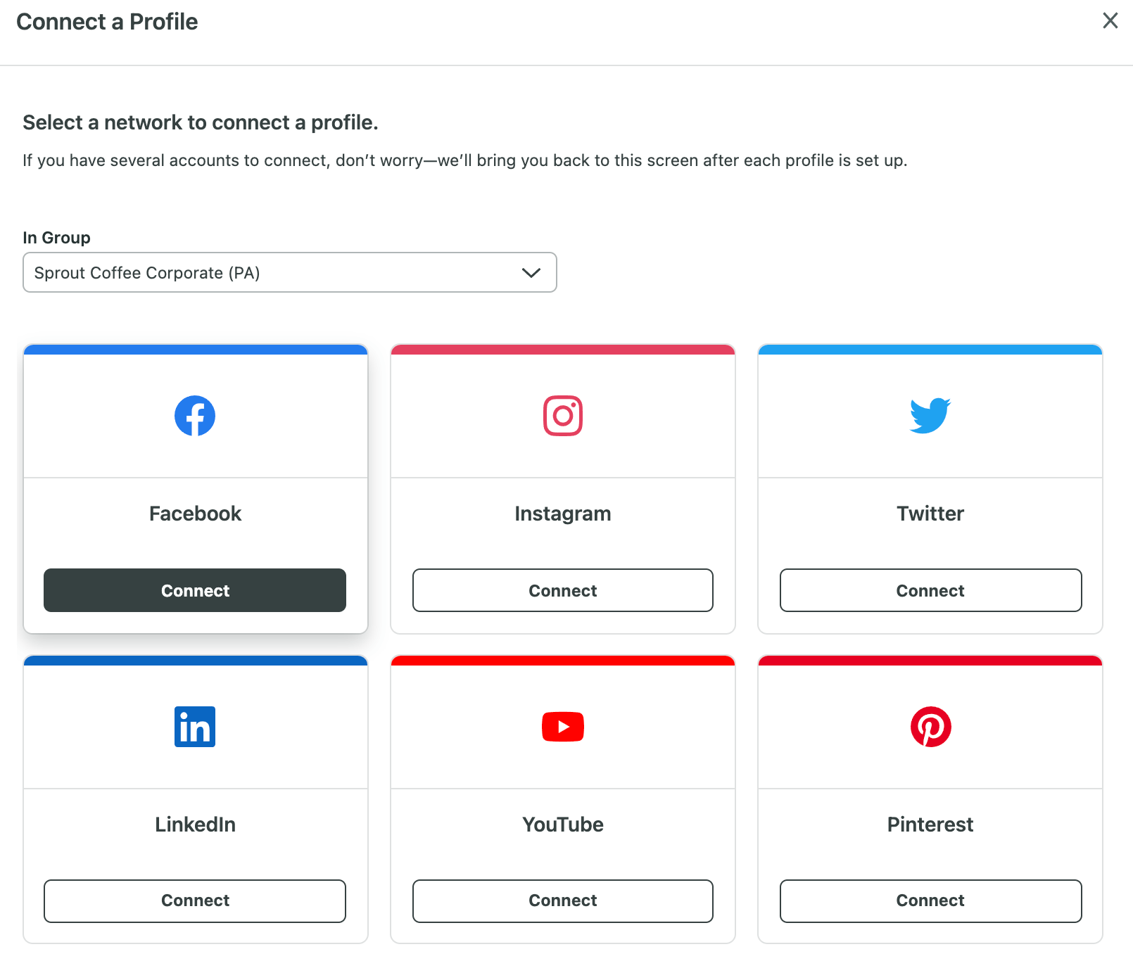 Sprout Social's "Connect a Profile" page shows popular social networks like Instagram, Twitter (now X), LinkedIn and YouTube