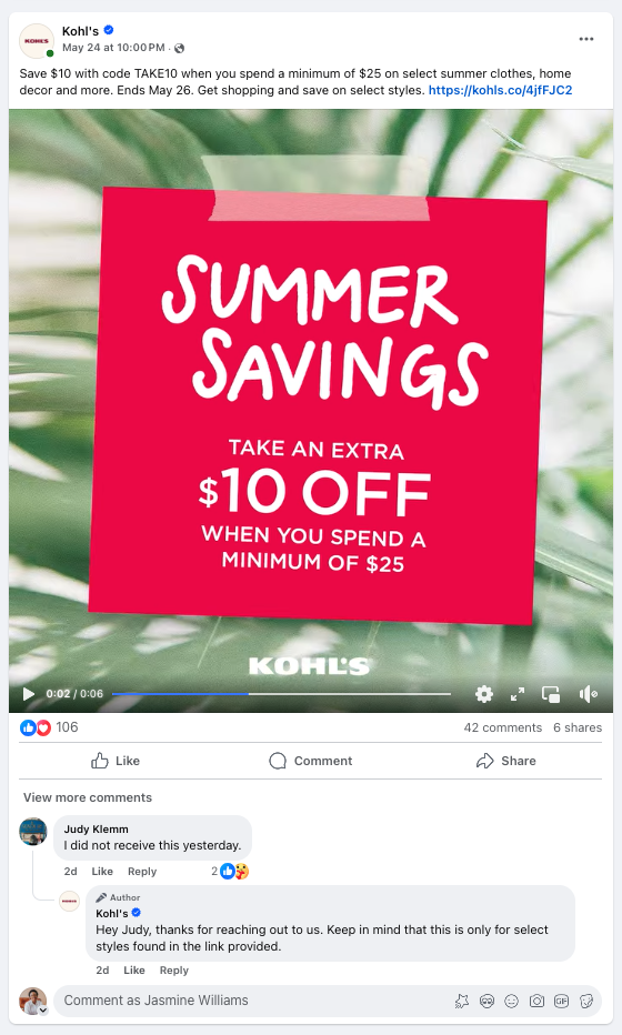 A Facebook post from Kohl’s, highlighting a customer service interaction