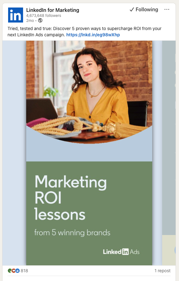 LinkedIn post from LinkedIn for Marketing promoting their Marketing ROI lessons lead magnet.
