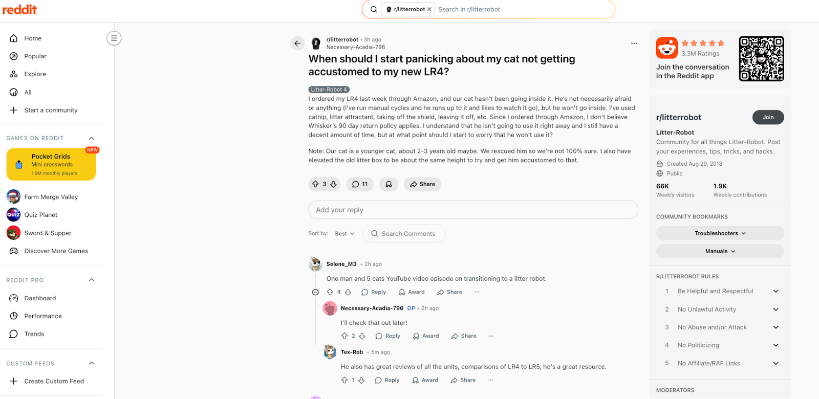 A post in r/litterrobot from a customer asking about a specific product.