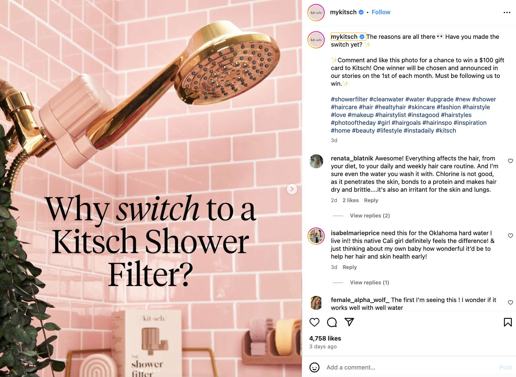 My Kitsch Instagram post showing a golden-colored shower head against pink bathroom tiles and text that reads "why switch to a Kitsch shower filter?"