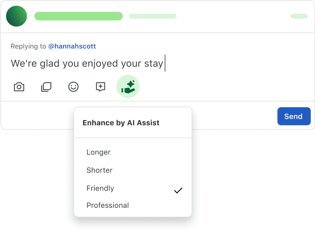 A user in the Sprout platform responding to a customer using AI Assist to generate a friendly response 