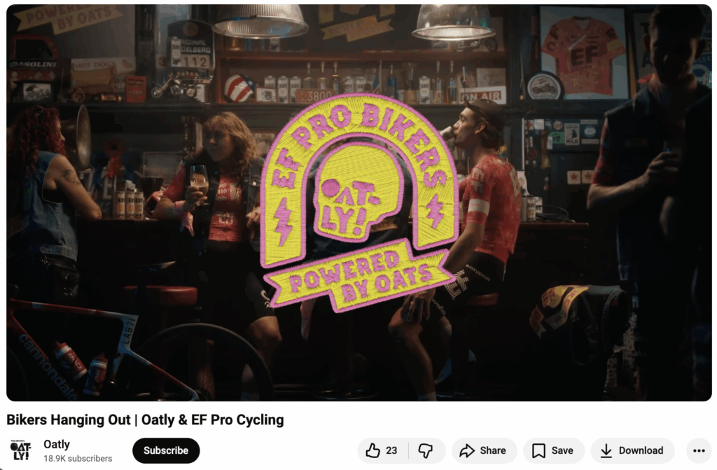 An Oatly YouTube video of EF Pro Bikers and literal biker gangs hanging out and enjoying Oatly together
