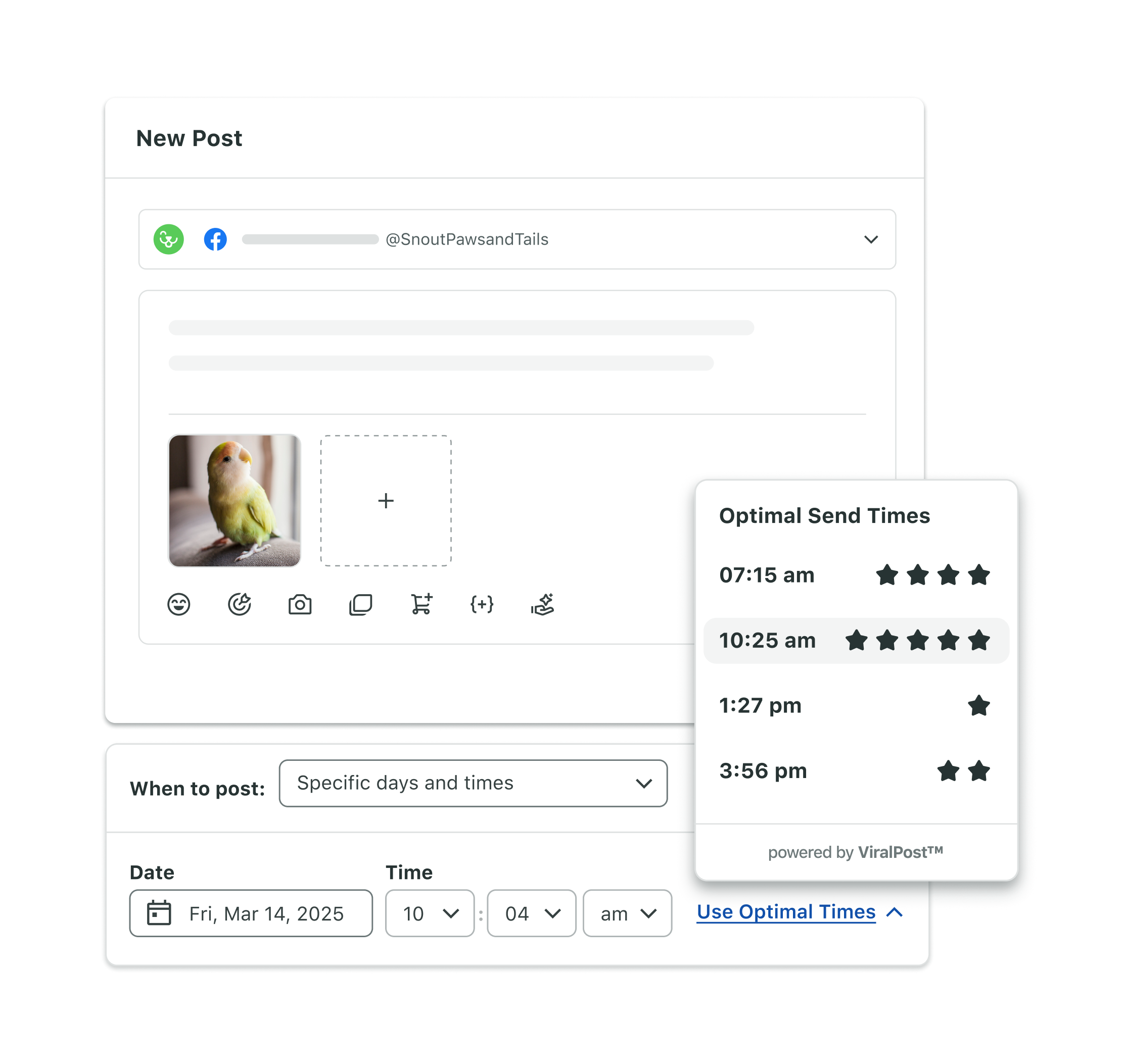 Sprout Social’s ViralPost feature shows optimal send times to schedule posts for maximum audience engagement.