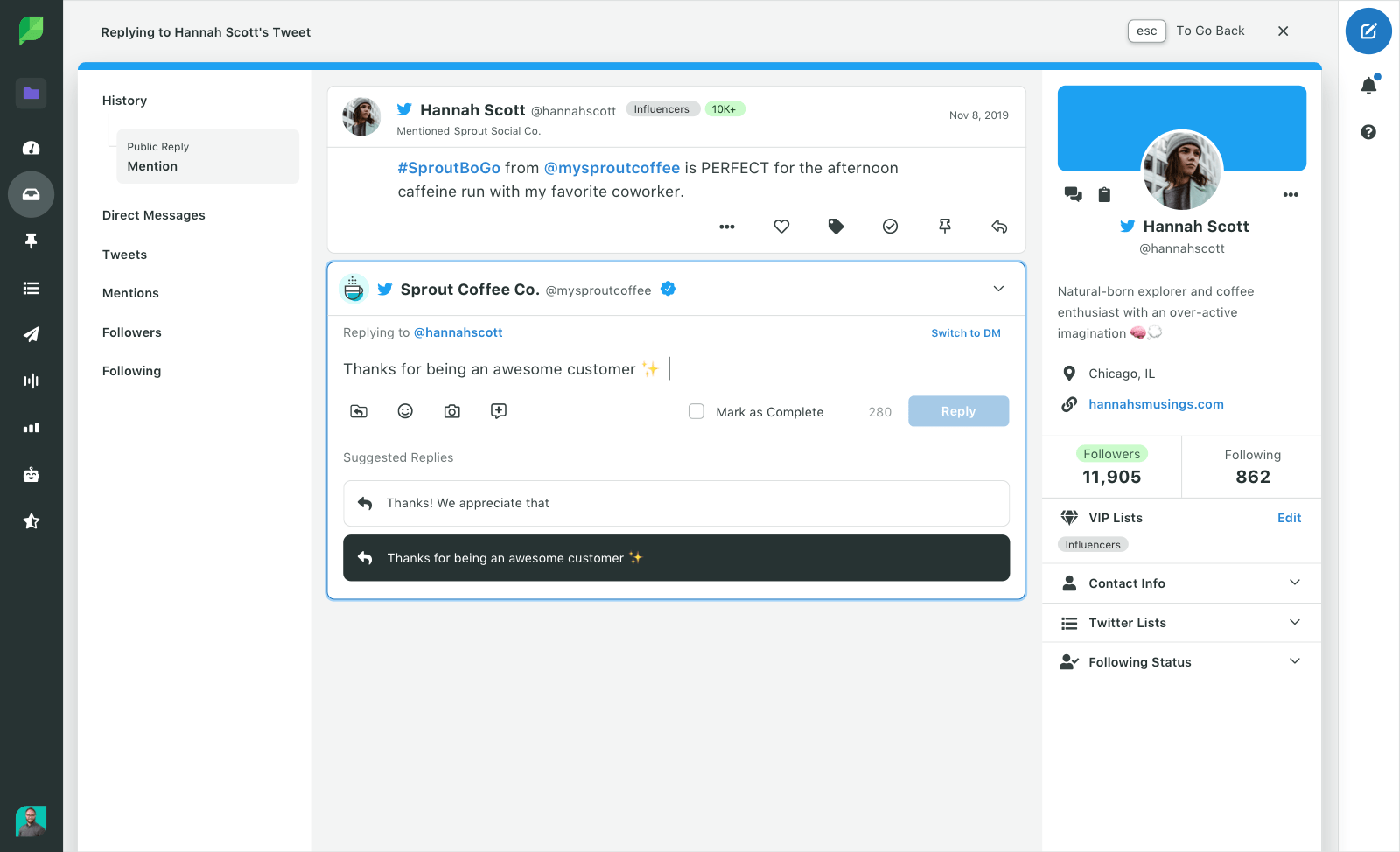 Imagen de producto de Sprout Social de participación, Entrada inteligente con los filtros de LinkedIn seleccionados y el cursor sobre Responder.​​ 