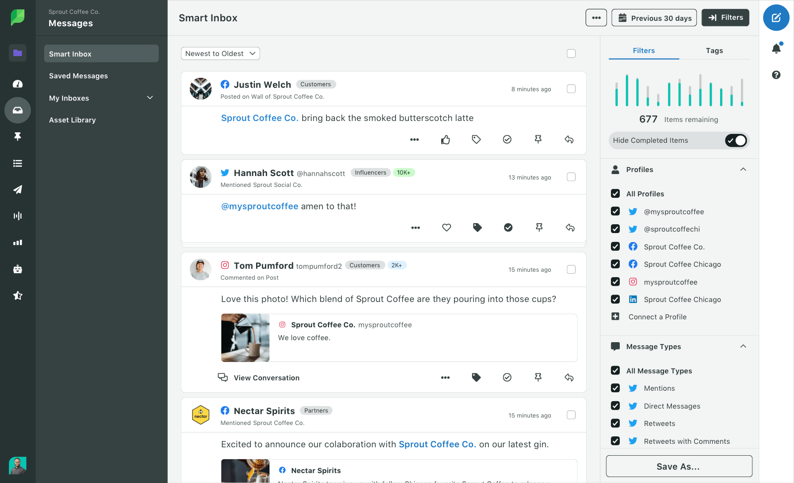 Optimiza tu flujo de trabajo de participación con las Vistas de la bandeja de entrada de Sprout, que te permiten crear y guardar tus propios grupos de filtros personalizados en la Entrada inteligente.​​ 