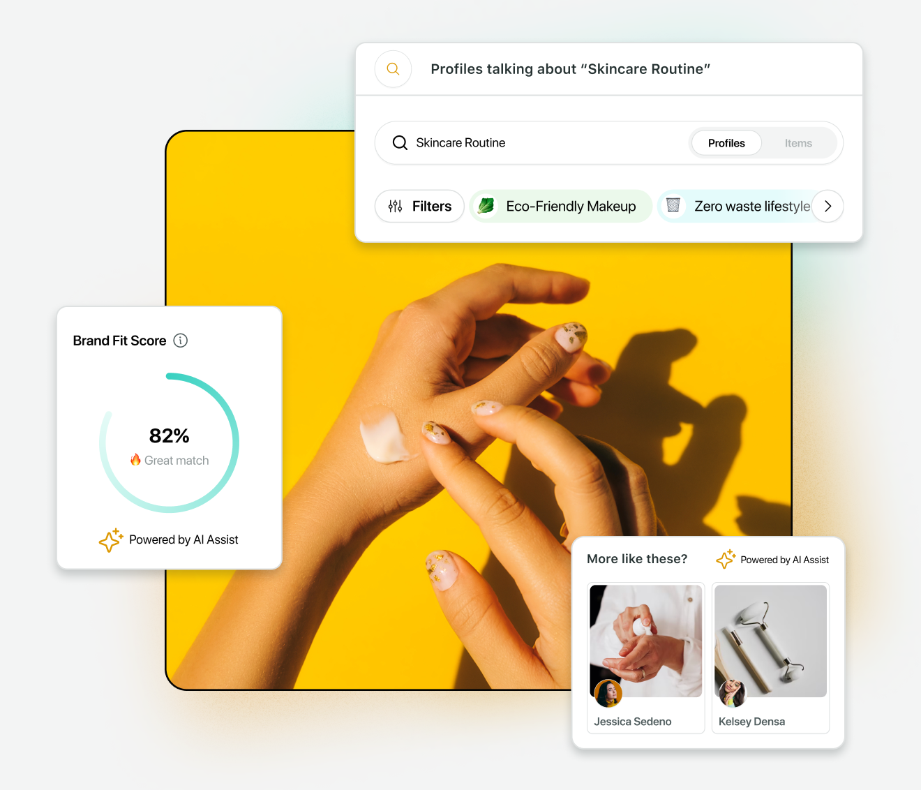 Uma colagem de dados para um post de influenciador exibindo a taxa de interação por categoria de influenciador, o desempenho geral do Instagram com interações e impressões‌ e uma tabela de classificação de volume com citações e contagens de posts.​​ 