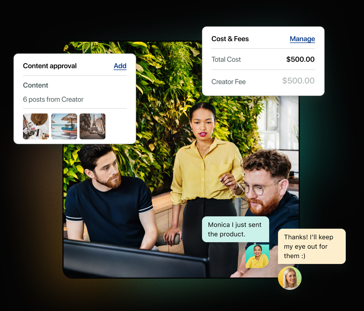 Um exemplo de uma equipe de marketing analisando o progresso do projeto em um computador. Na interface, você vê aprovações, orçamentos e criadores contratados.​​ 