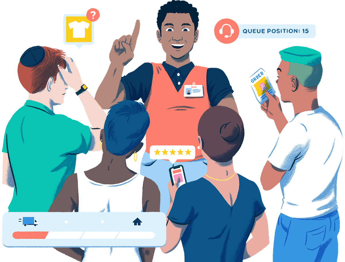 Ilustración de un empleado de venta minorista que trabaja en múltiples necesidades de los compradores en línea, como seguimiento de envíos, disponibilidad de artículos y opiniones.