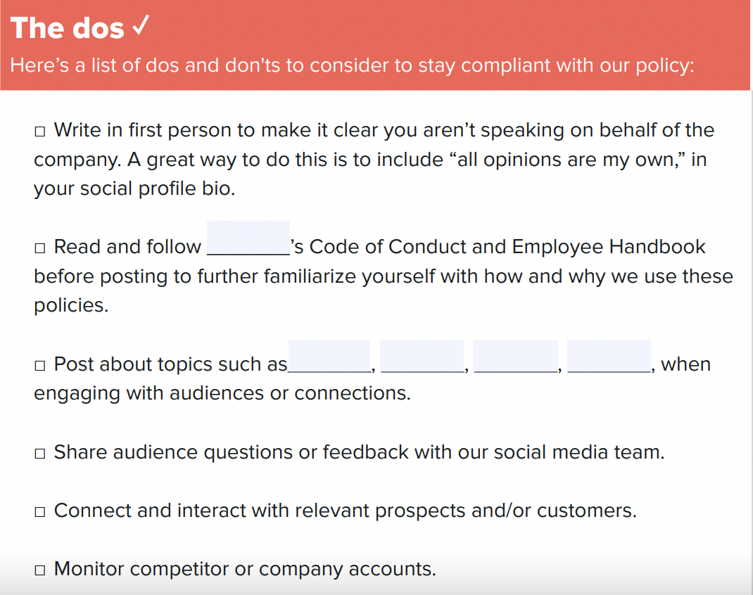 A screenshot of a portion of Sprout's social media policy template that lists "The dos"—a customizable list of do's and dont's brands can use to help employees stay compliant with their policy.
