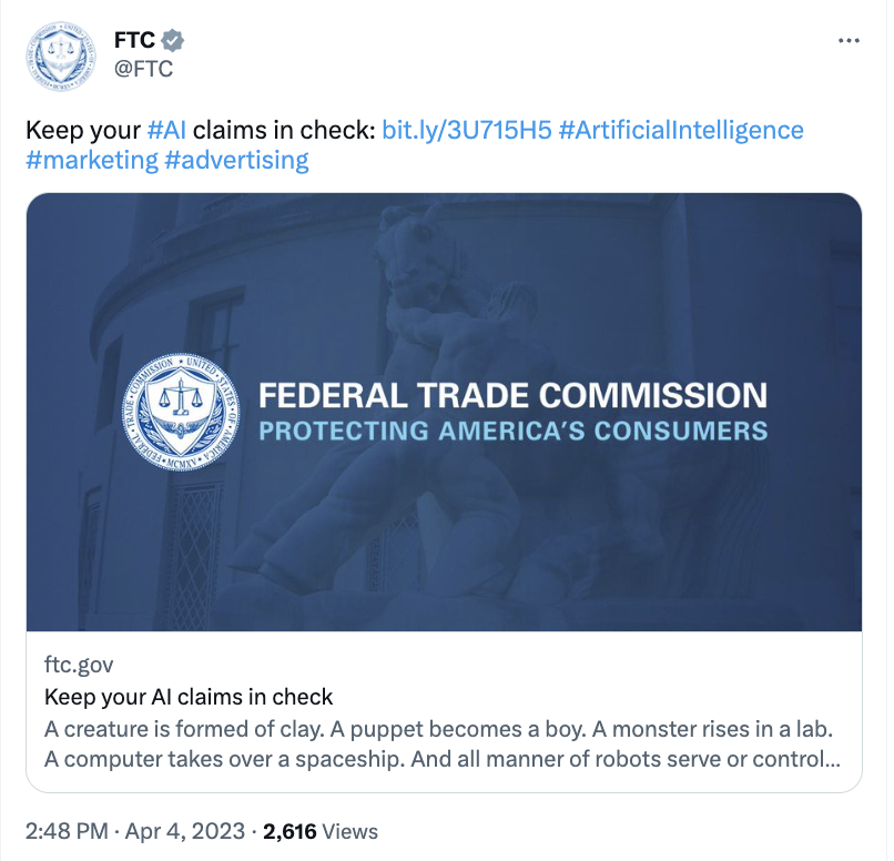 Tweet from the FTC that reads: Keep our AI claims in check.