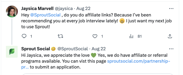 Screenshot of Sprout Social responding to a customer on Twitter