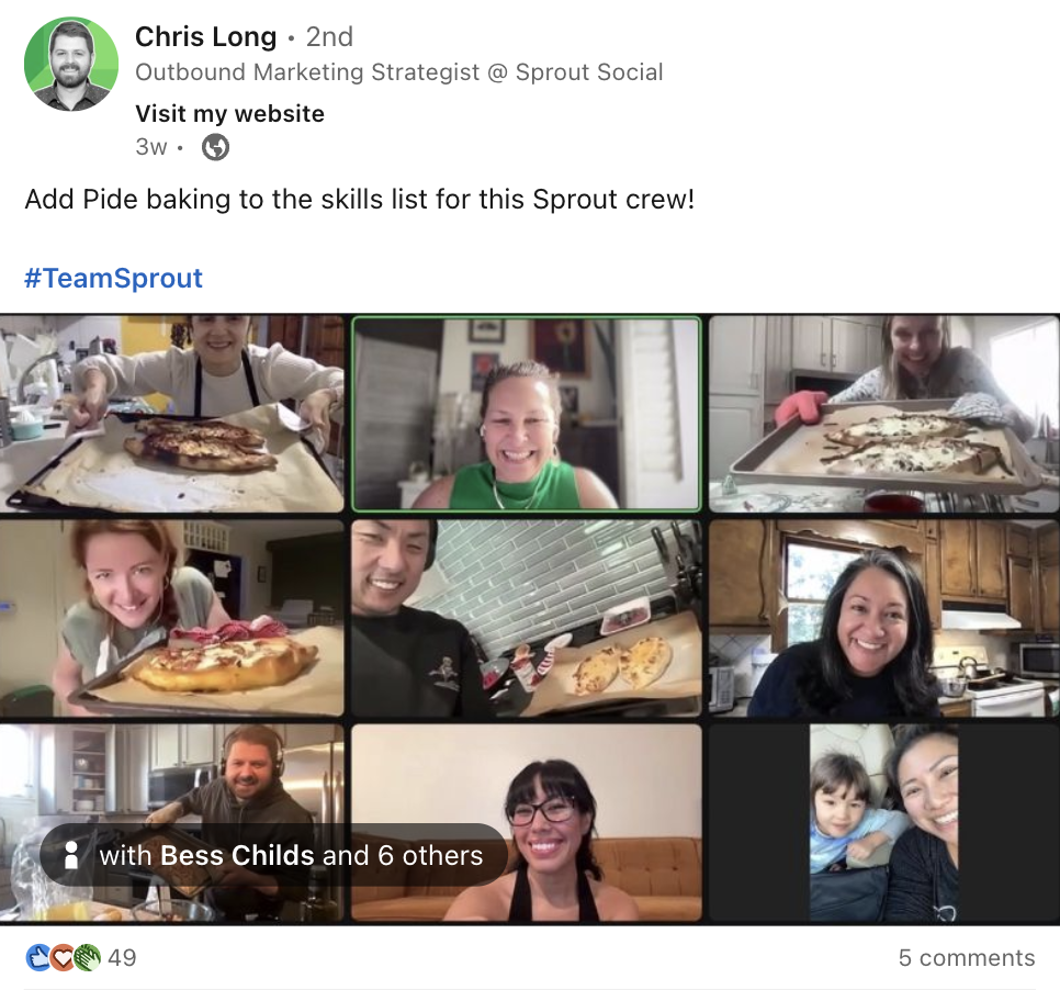 A LinkedIn post from Sprout's Outbound Marketing Strategist showing a team Pide baking activity on a video call.
