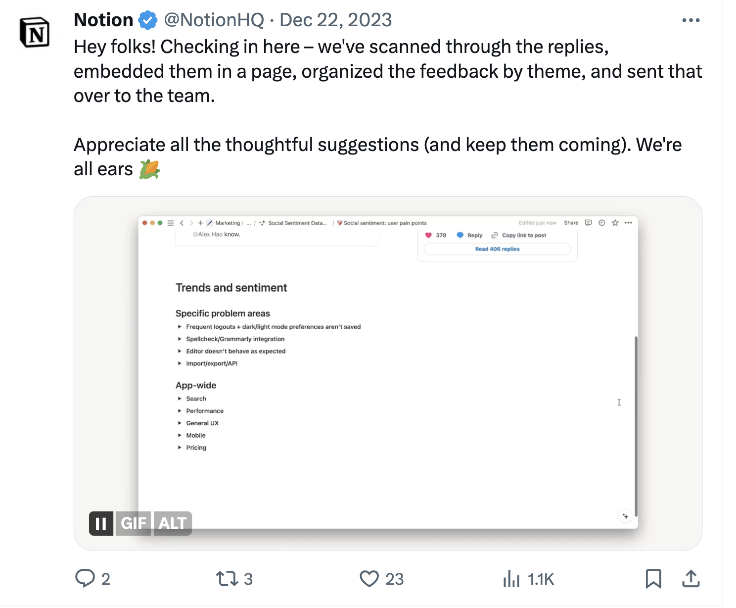 A reply from Notion highlighting they've noted down all complaints.