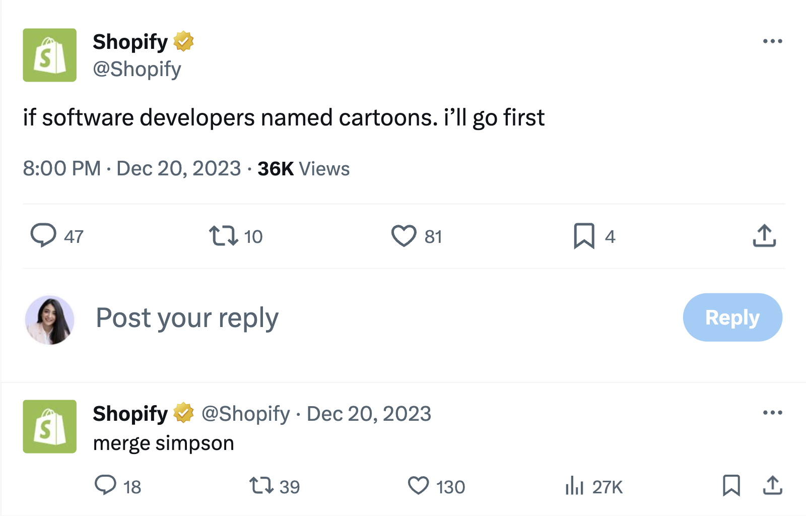 A humorous X post from Shopify asking if software developers named cartoons.