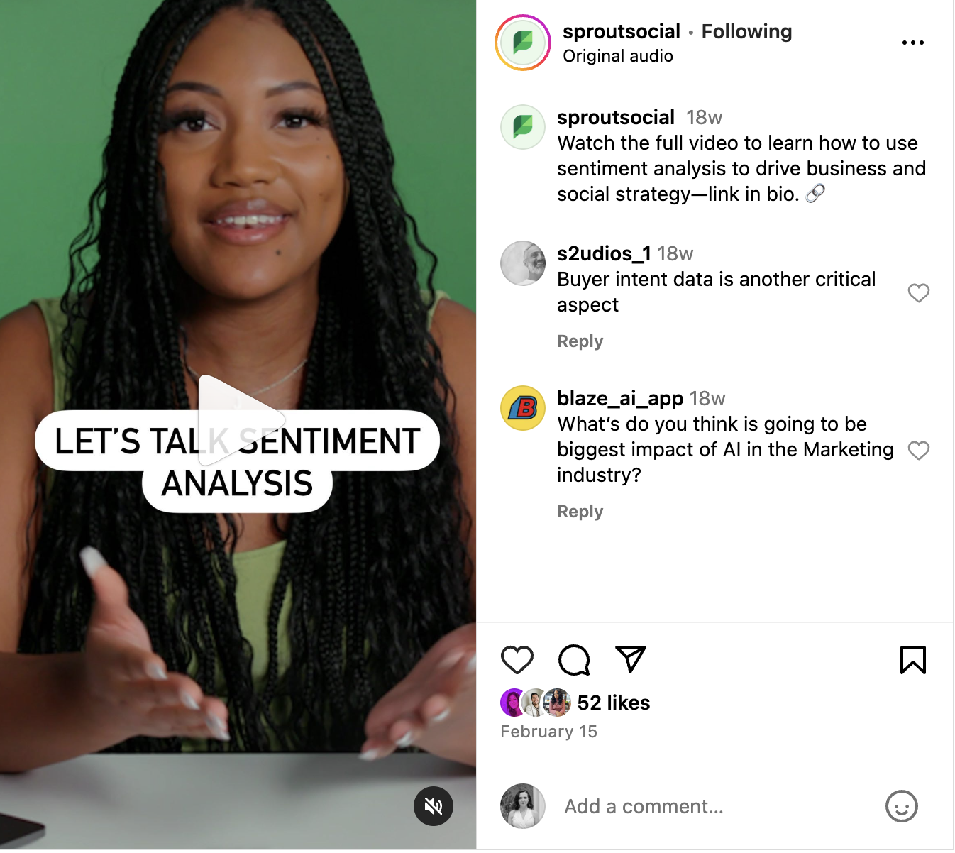 An Instagram Reel from Sprout Social about the power of using sentiment analysis