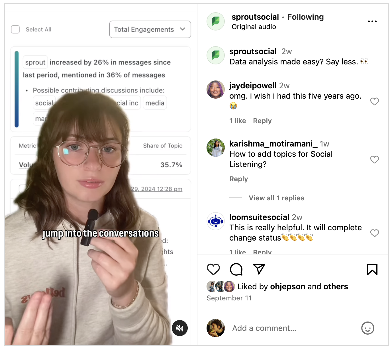 Instagram Reel of Sprout team member Olivia Jepson, showing how our team uses Analyze by AI Assist to make social reporting more efficient.
