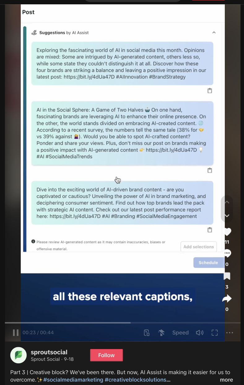 TikTok video showing how Sprout's Compose by AI Assist capability automatically generates suggested post captions. 