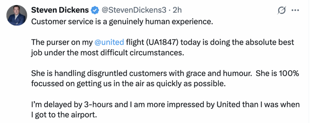 An X post from a customer's response praising how United Airlines handled customer service