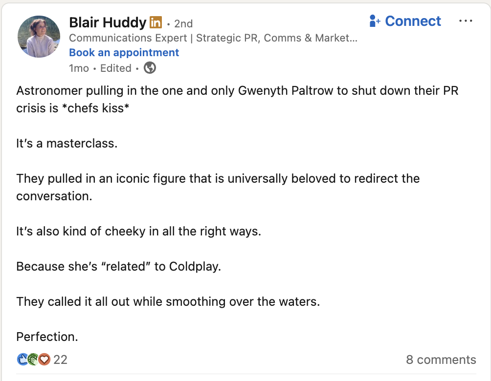 A LinkedIn post describing Astronomer's apology video with Gwenyth Paltrow as a masterclass in crisis management.