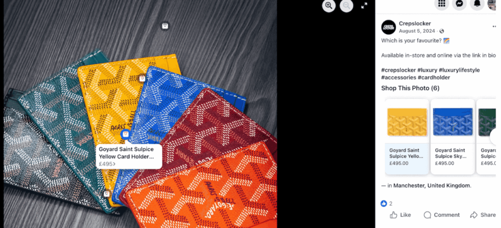 Shoppable post by UK-based luxury good store, Crepslocker
