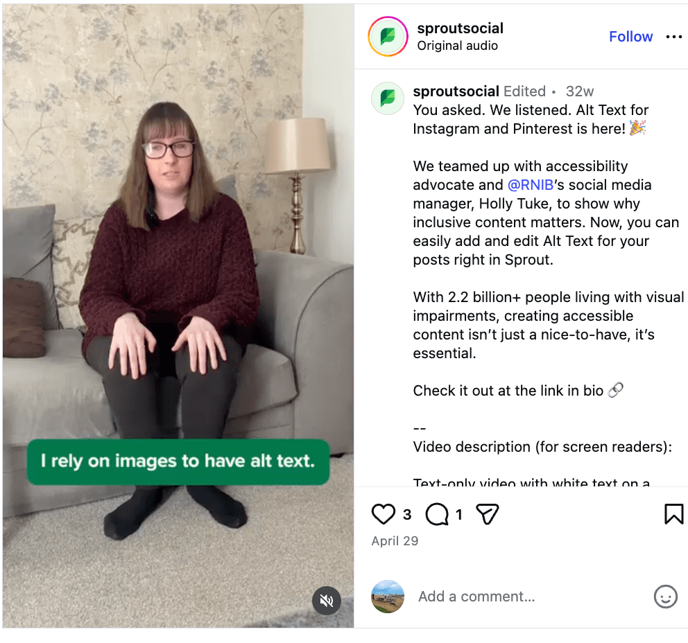 IG post from accessibility advocate and @RNIB’s social media manager, Holly Tuke where she shares why inclusive content matters for brands and audiences alike.