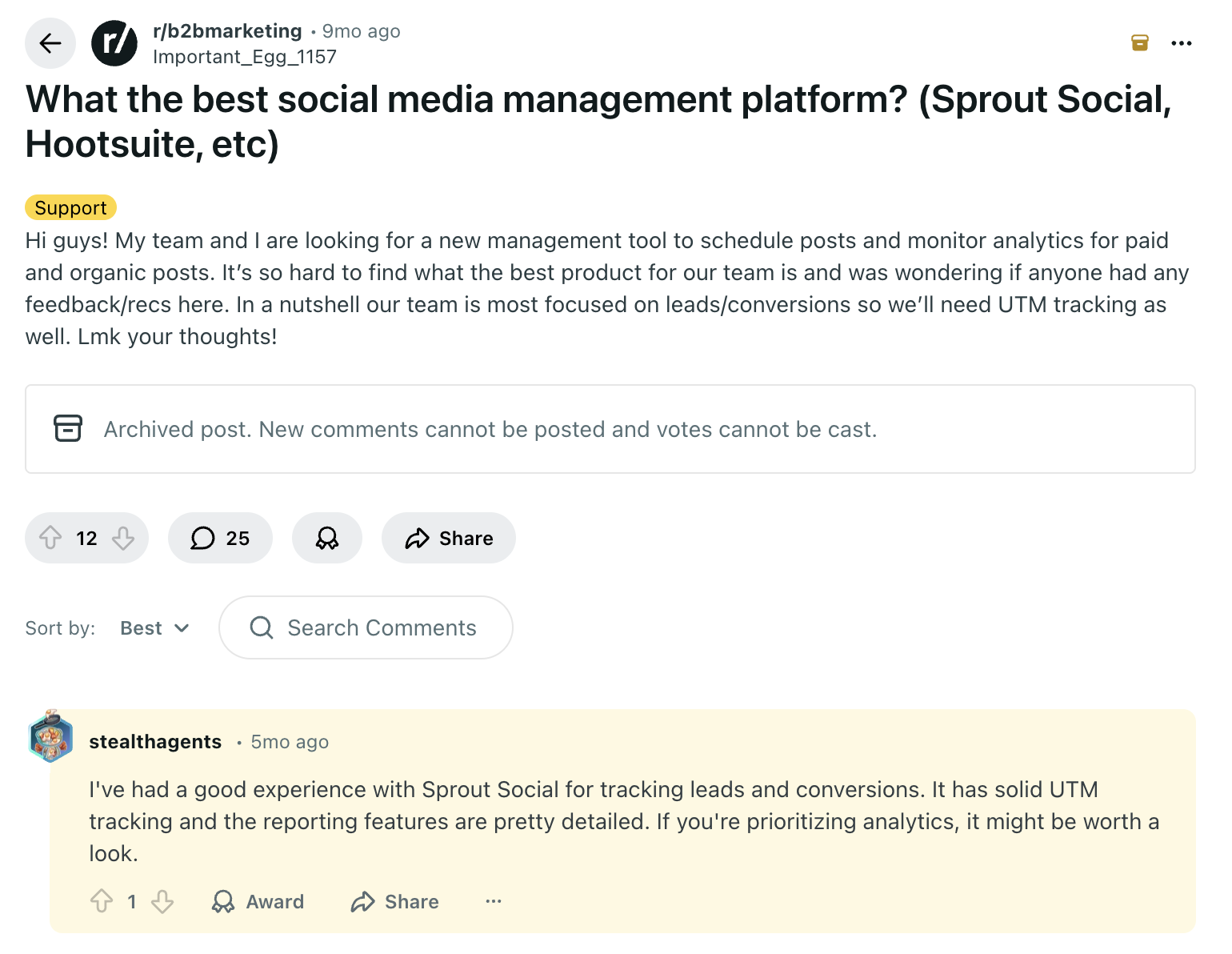 A post in r/b2bmarketing asking for opinions about the best social media management platform.