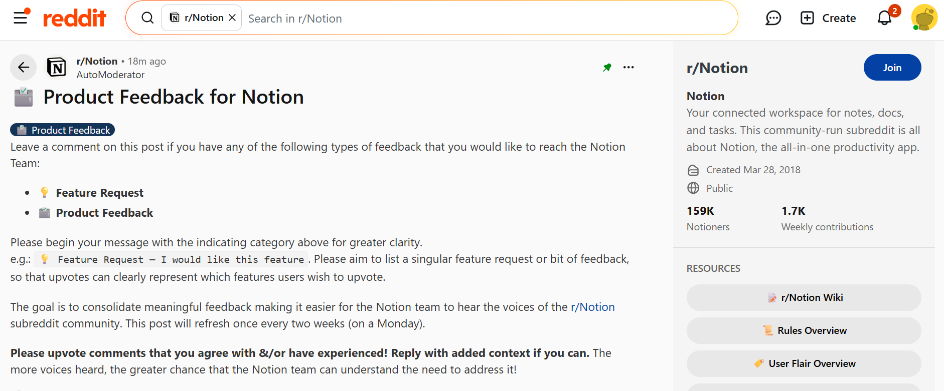 A screenshot of Notion's reddit channel